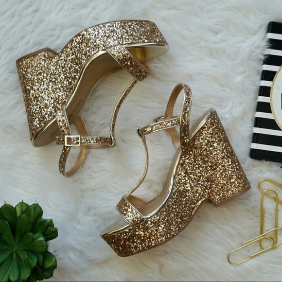Badgley Mischka Shoes - Badgley Mischka Gold t-strap sparkle wedges